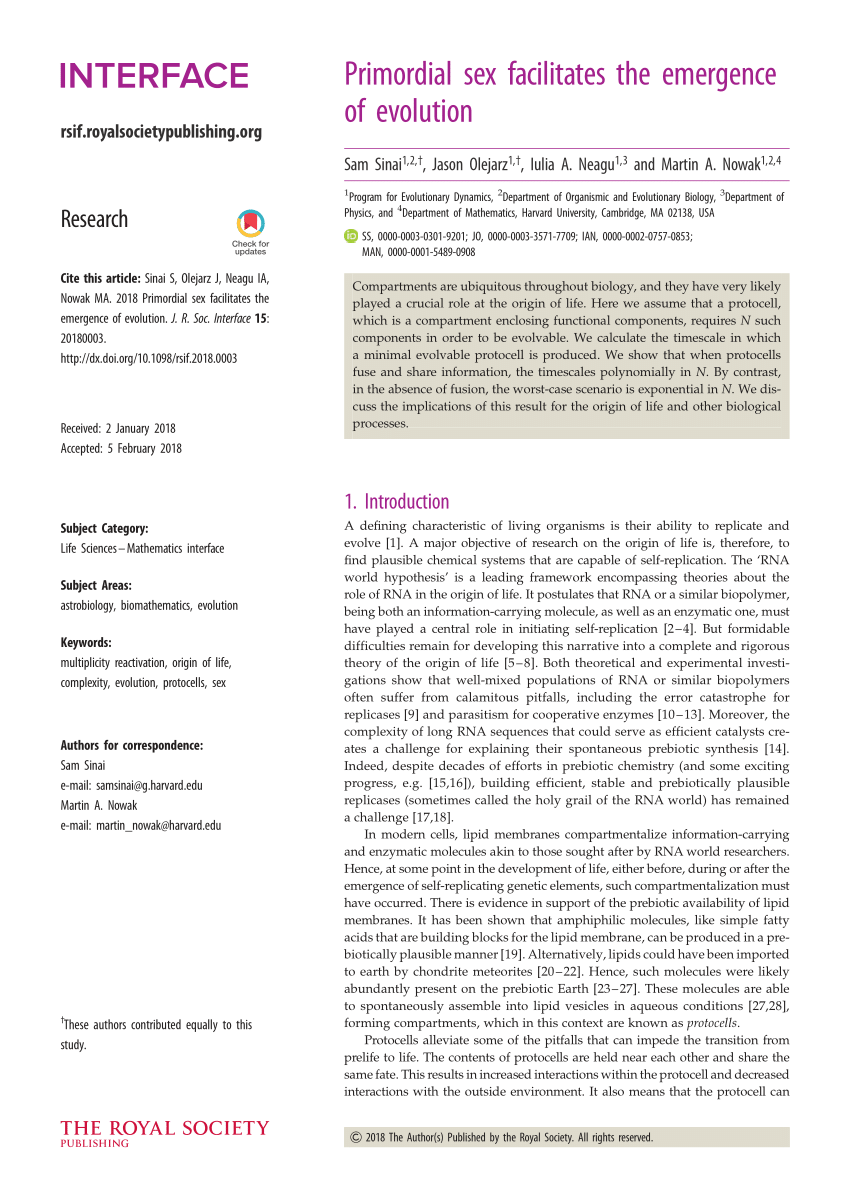 Primordial Sex Facilitates the Emergence of Evolution | Request PDF