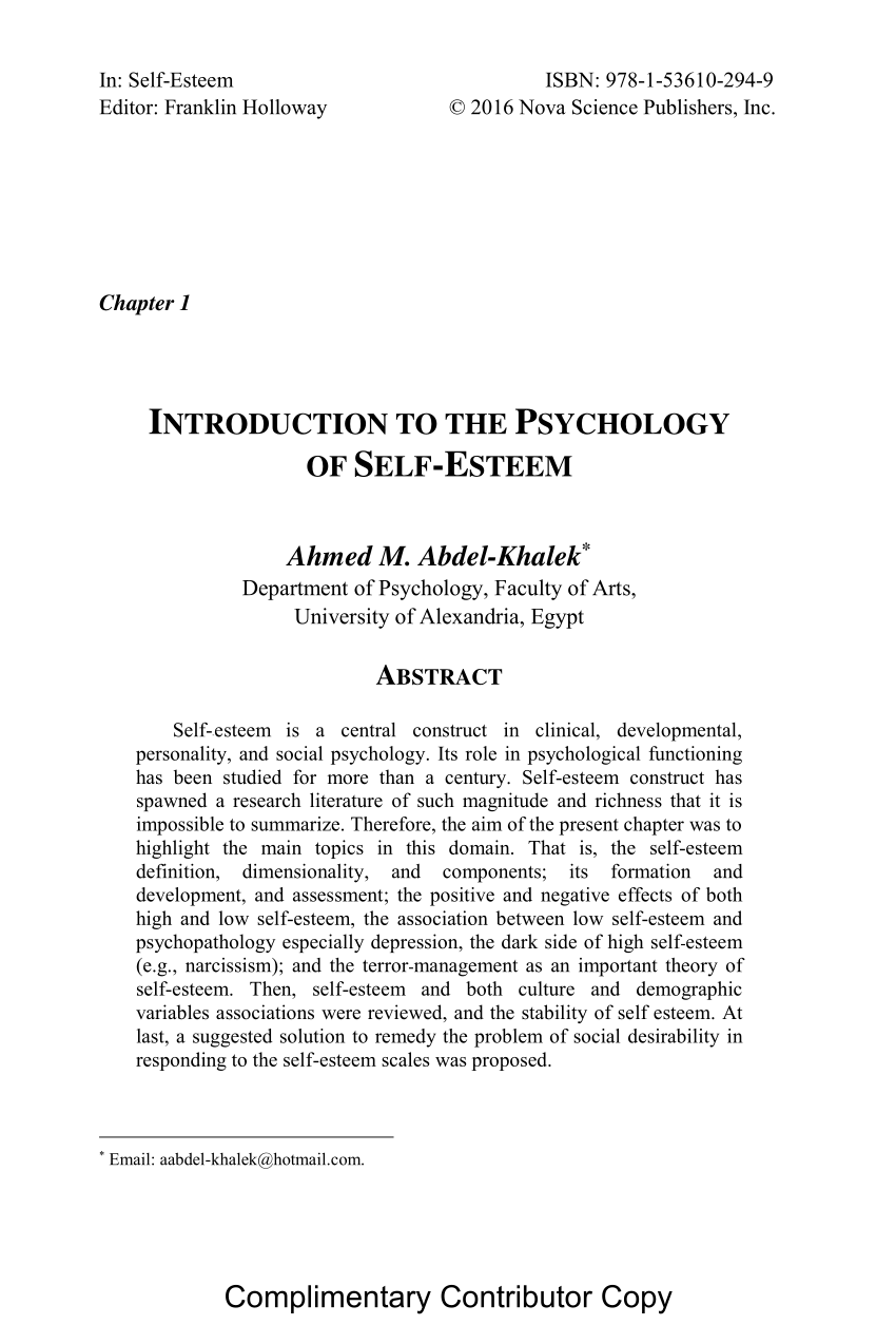 pdf) introduction to the psychology of self-esteem