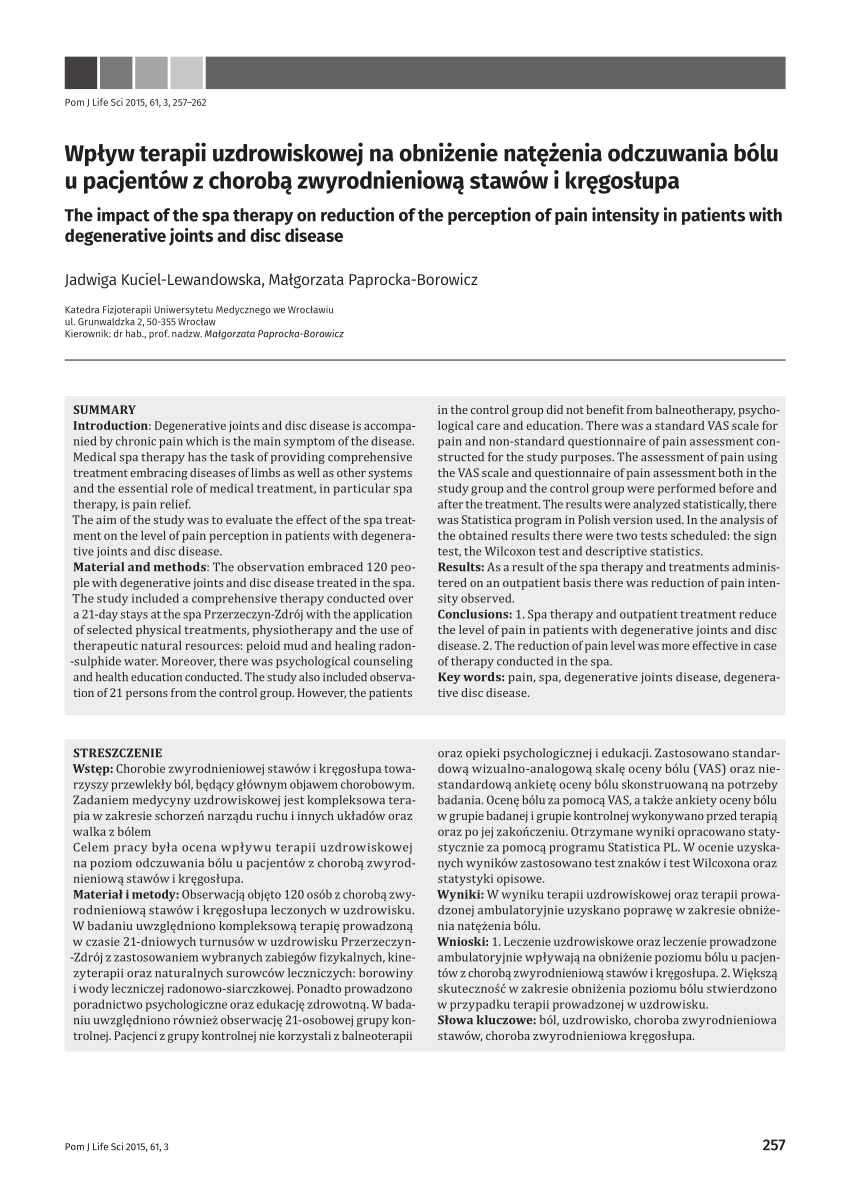 Pdf Wpływ Terapii Uzdrowiskowej Na Obniżenie Natężenia Odczuwania Bólu U Pacjentów Z Chorobą 5321
