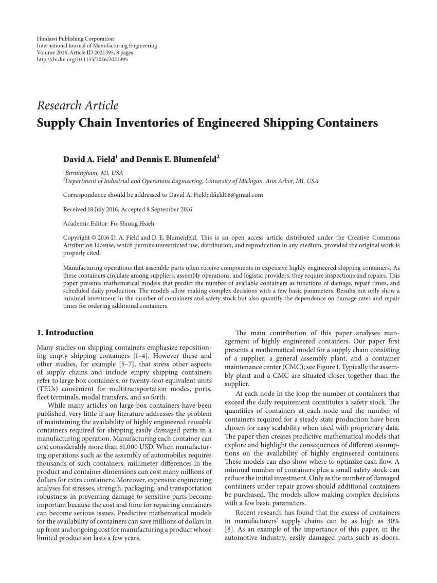 PDF) Supply Chain Inventories of Engineered Shipping Containers