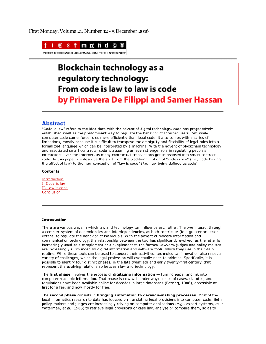 Pdf Blockchain Technology As A Regulatory Technology From Code Is Law To Law Is Code
