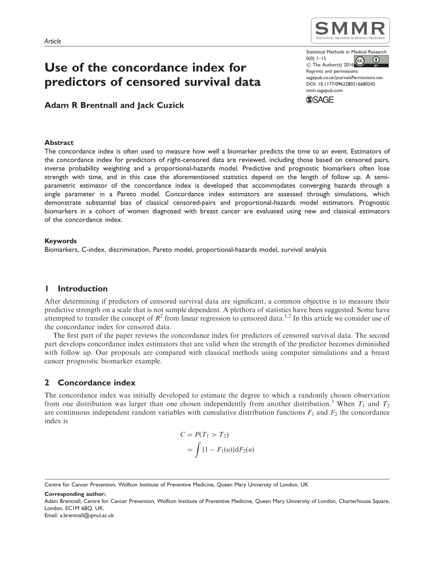 Pdf Use Of The Concordance Index For Predictors Of Censored Survival Data