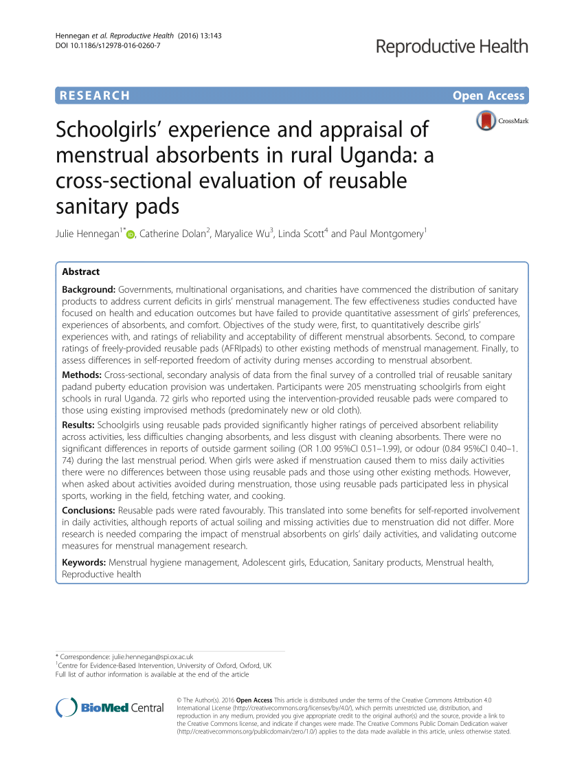 PDF) Schoolgirls' experience and appraisal of menstrual absorbents in rural  Uganda: a cross-sectional evaluation of reusable sanitary pads