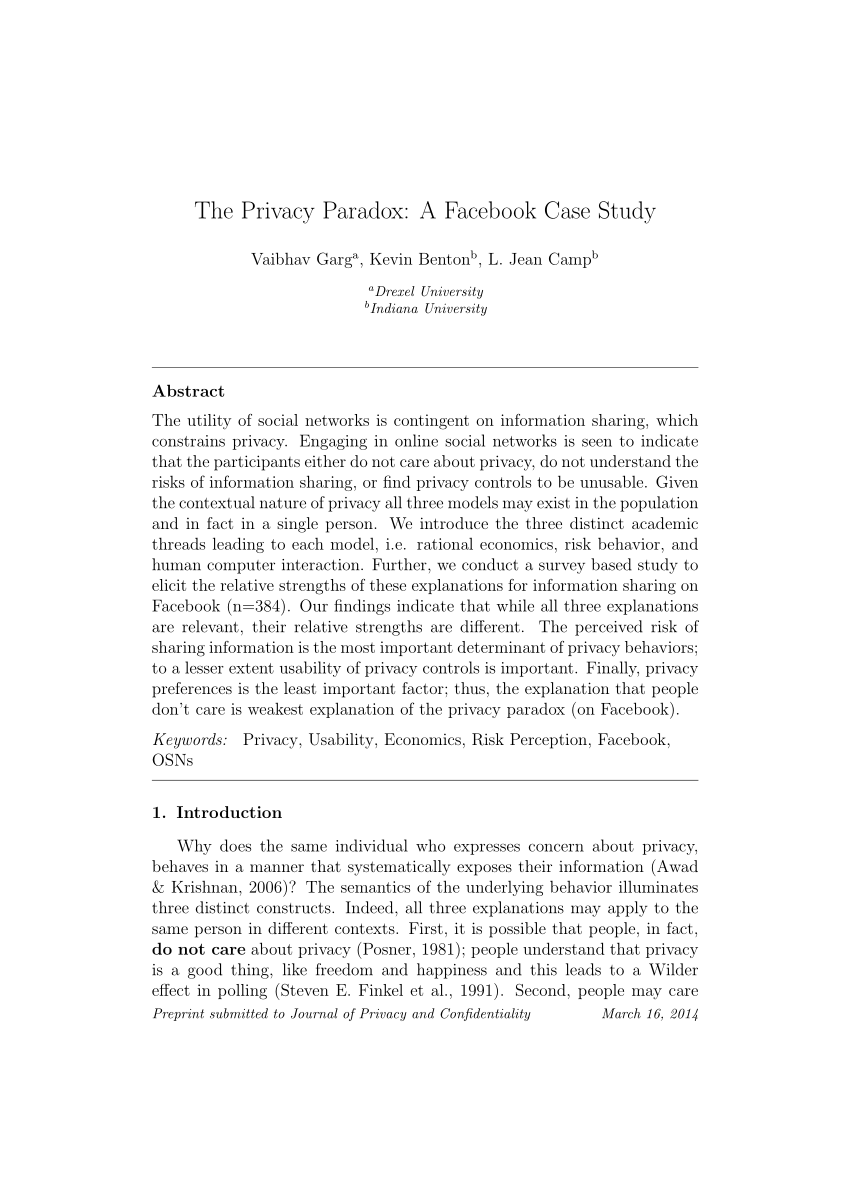 (PDF) The Privacy Paradox A Facebook Case Study by 2014 TPRC
