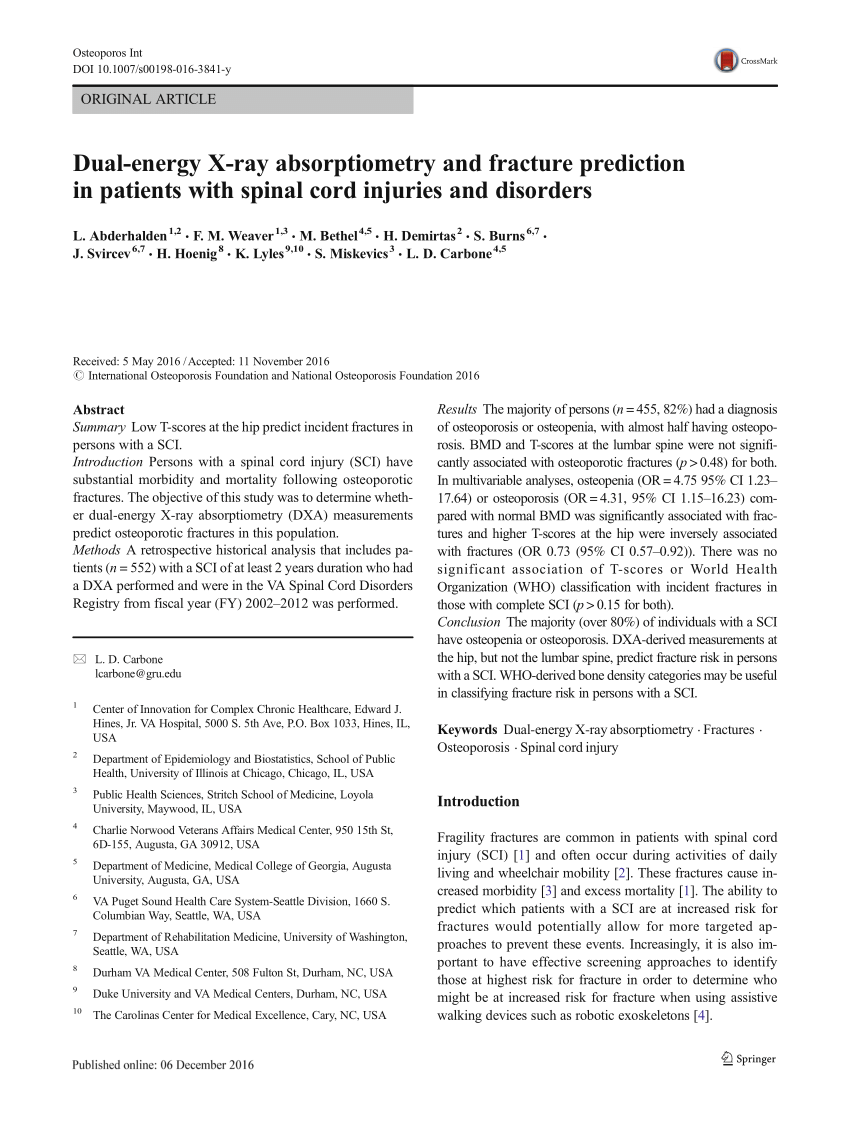 Pdf Dual Energy X Ray Absorptiometry And Fracture Prediction In Patients With Spinal Cord Injuries And Disorders