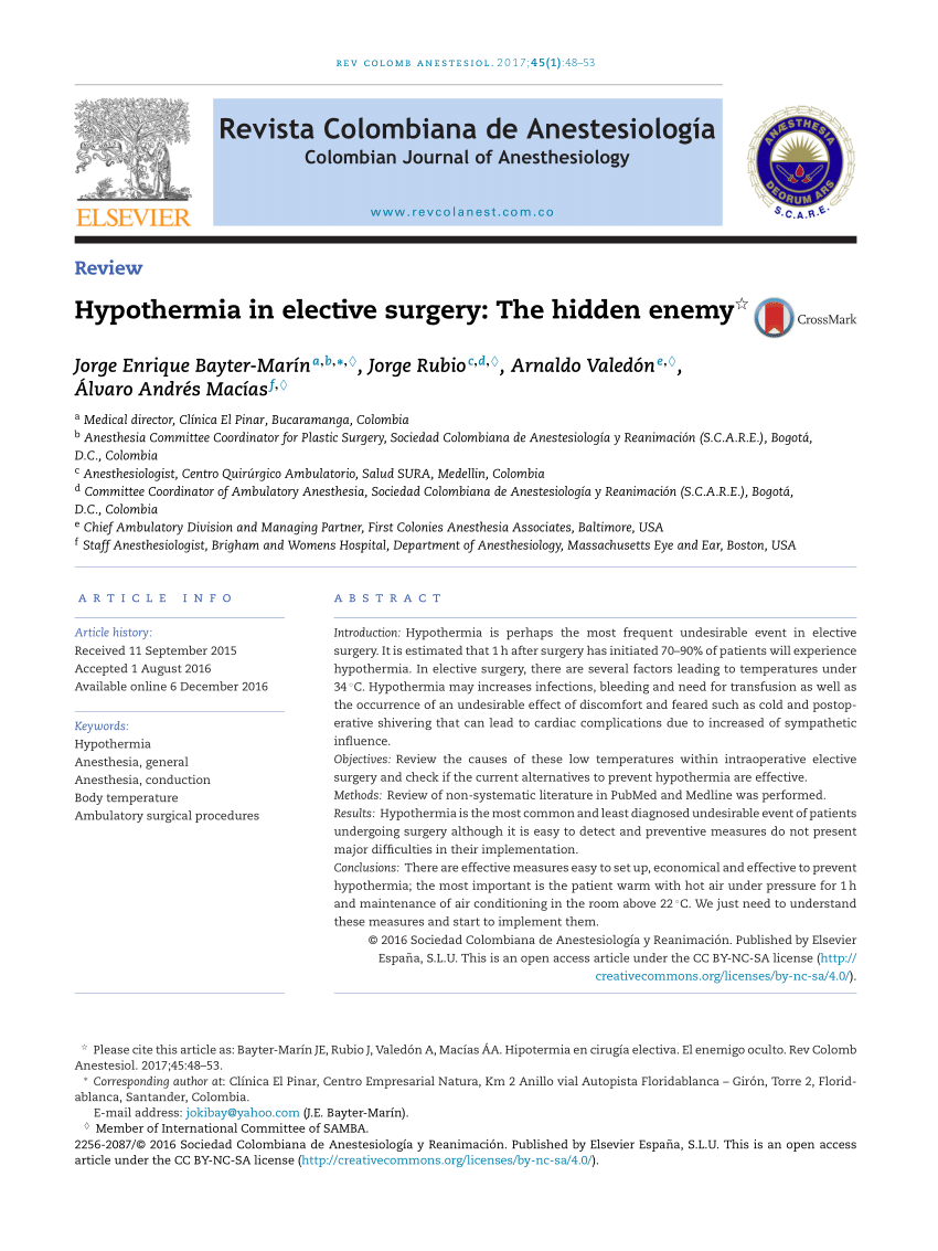 PDF) Hypothermia in elective surgery: The hidden enemy