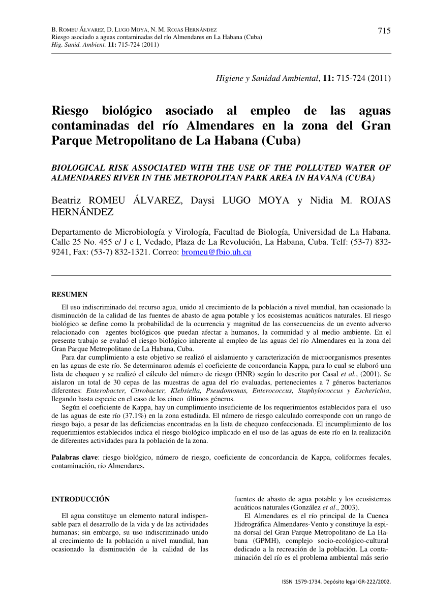 Pdf Riesgo Biologico Asociado Al Empleo De Las Aguas Contaminadas Del Rio Almendares En La Zona Del Gran Parque Metropolitano De La Habana Cuba