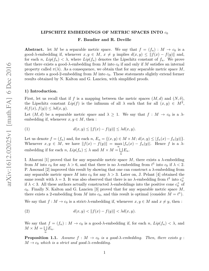 Pdf Lipschitz Embeddings Of Metric Spaces Into C 0