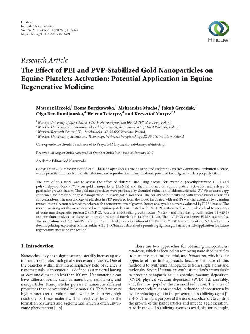 Pdf The Effect Of Pei And Pvp Stabilized Gold Nanoparticles On Equine Platelets Activation Potential Application In Equine Regenerative Medicine