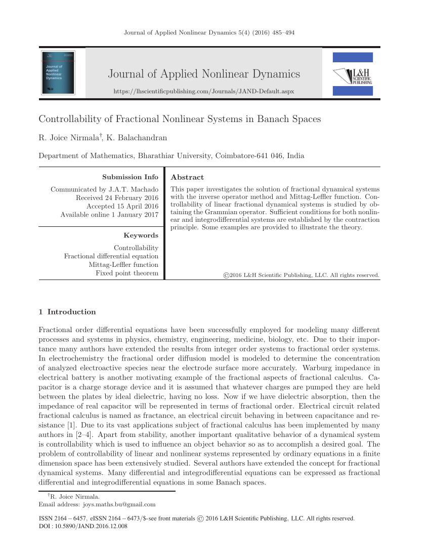 PDF) Controllability of Fractional Nonlinear Systems in Banach Spaces