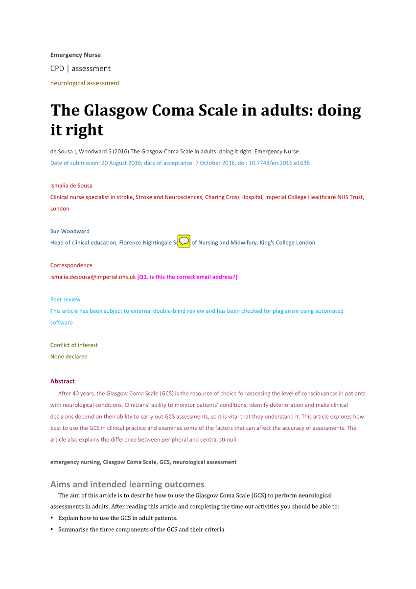 Pdf The Glasgow Coma Scale In Adults Doing It Right