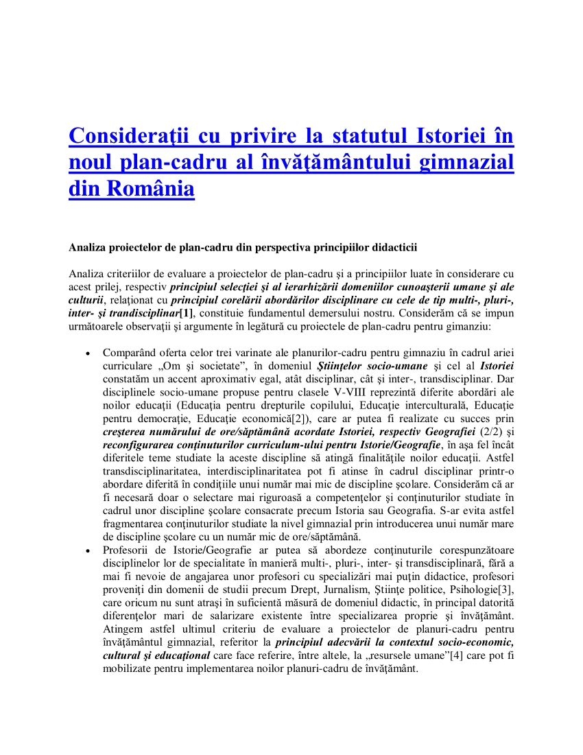 PDF) Considerații privire statutul Istoriei în Plan –Cadru învățământului gimnazial din România