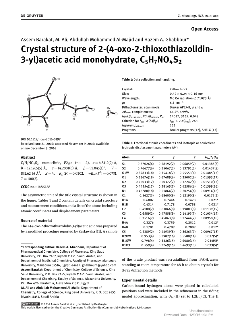 Pdf Crystal Structure Of 2 4 Oxo 2 Thioxothiazolidin 3 Yl Acetic Acid Monohydrate C5h7no4s2