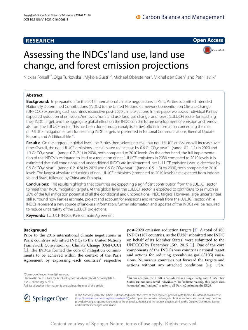 Pdf Assessing The Indcs Land Use Land Use Change And Forest Emission Projections
