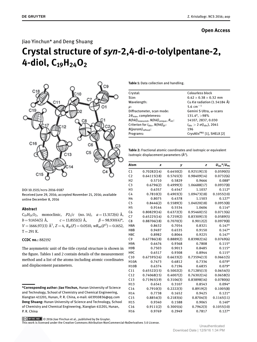 Pdf Crystal Structure Of Syn 2 4 Di O Tolylpentane 2 4 Diol C19h24o2