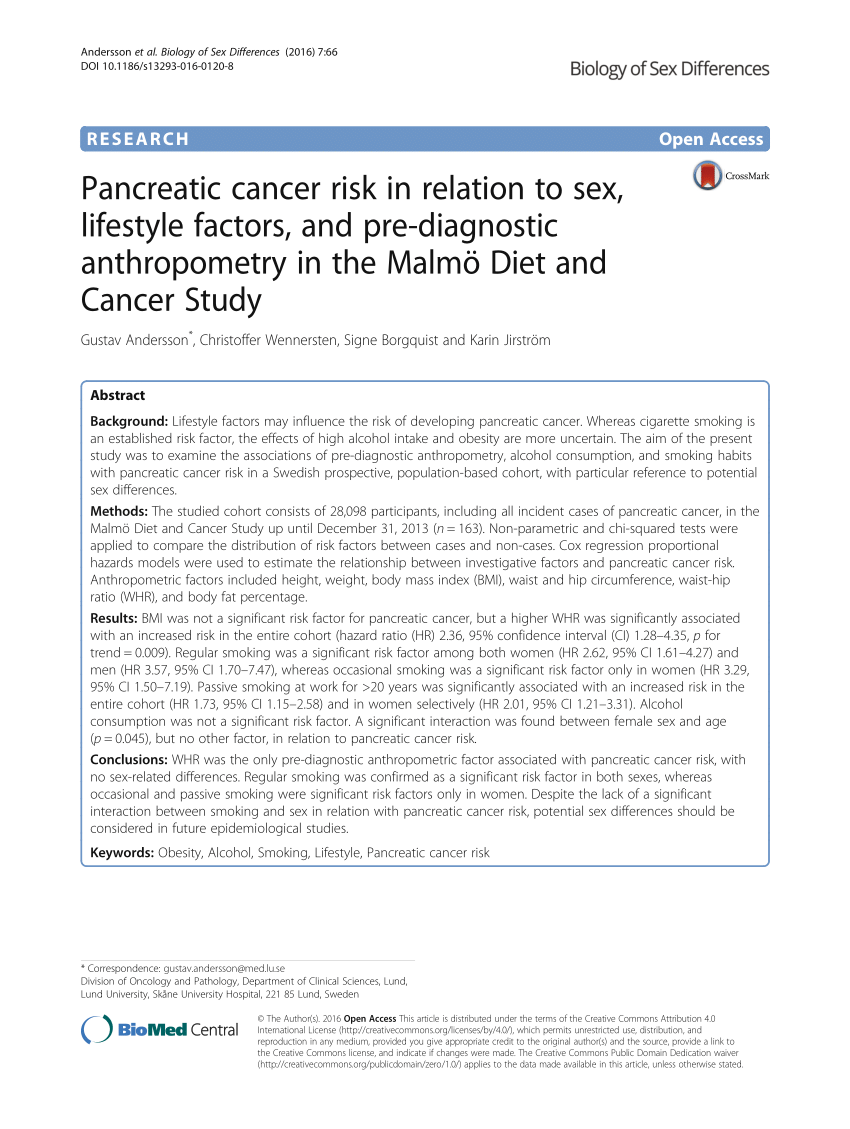 Pdf Pancreatic Cancer Risk In Relation To Sex Lifestyle Factors And Pre Diagnostic 3104