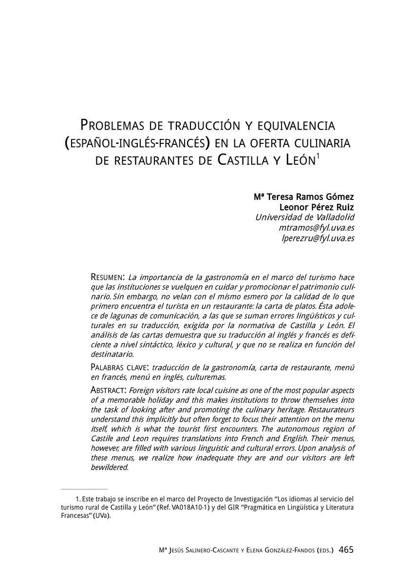 Pdf Problemas De Traduccion Y Equivalencia Espanol Ingles Frances En La Oferta Culinaria