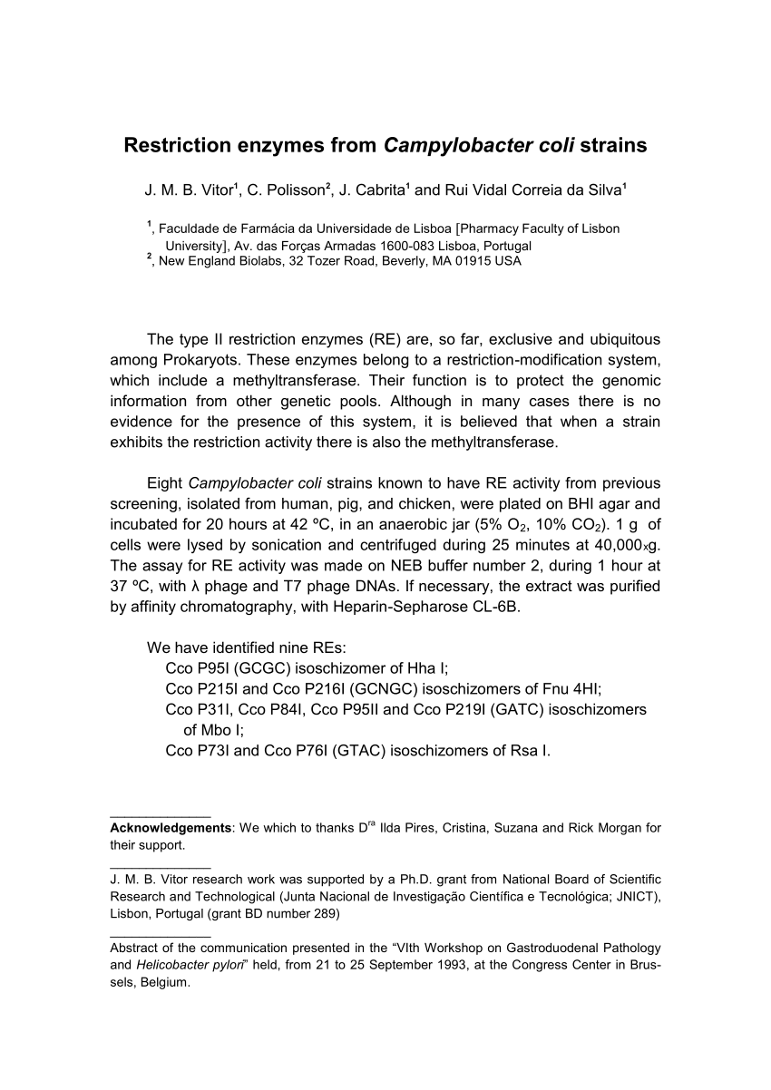 Pdf Restriction Enzymes From Campylobacter Coli Strains