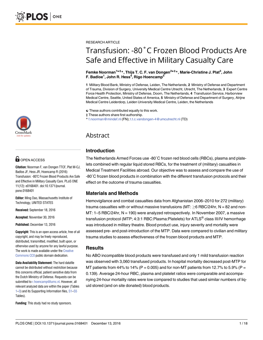 Pdf Transfusion 80 C Frozen Blood Products Are Safe And Effective In Military Casualty Care