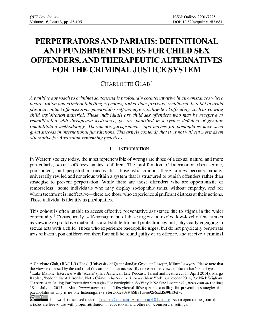 PDF) Perpetrators and Pariahs: Definitional and Punishment Issues For Child  Sex Offenders, and Therapeutic Alternatives for the Criminal Justice System