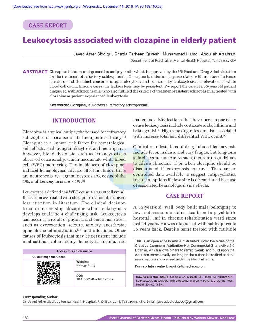 Pdf Leukocytosis Associated With Clozapine In Elderly Patient