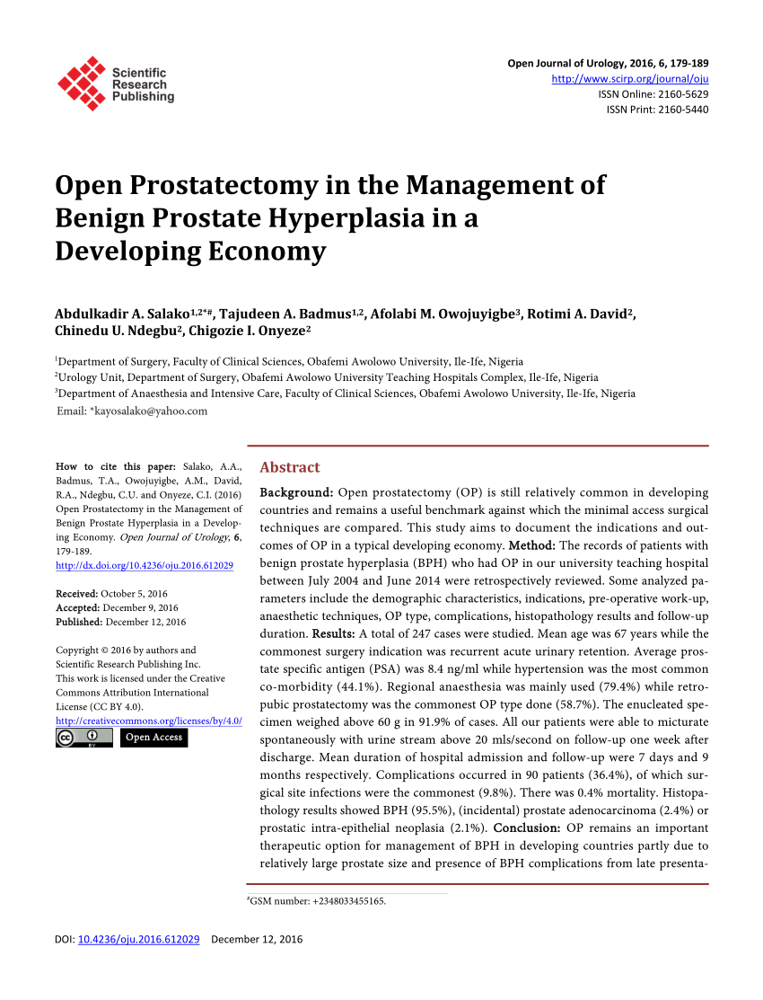 Pdf Open Prostatectomy In The Management Of Benign Prostate Hyperplasia In A Developing Economy