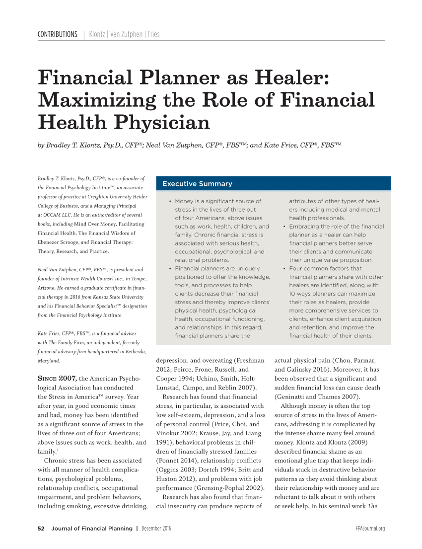 Pdf Financial Planner As Healer Maximizing The Role Of Financial Health Physician