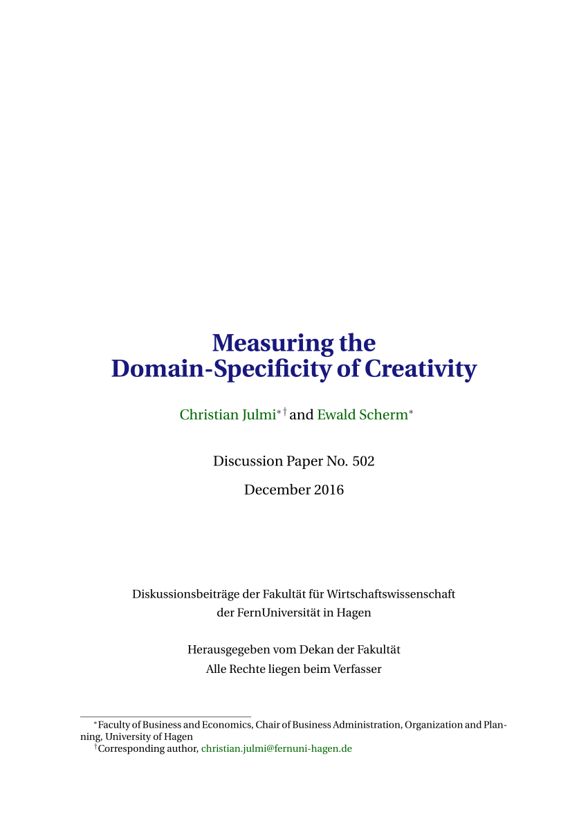 Pdf Measuring The Domain Specificity Of Creativity