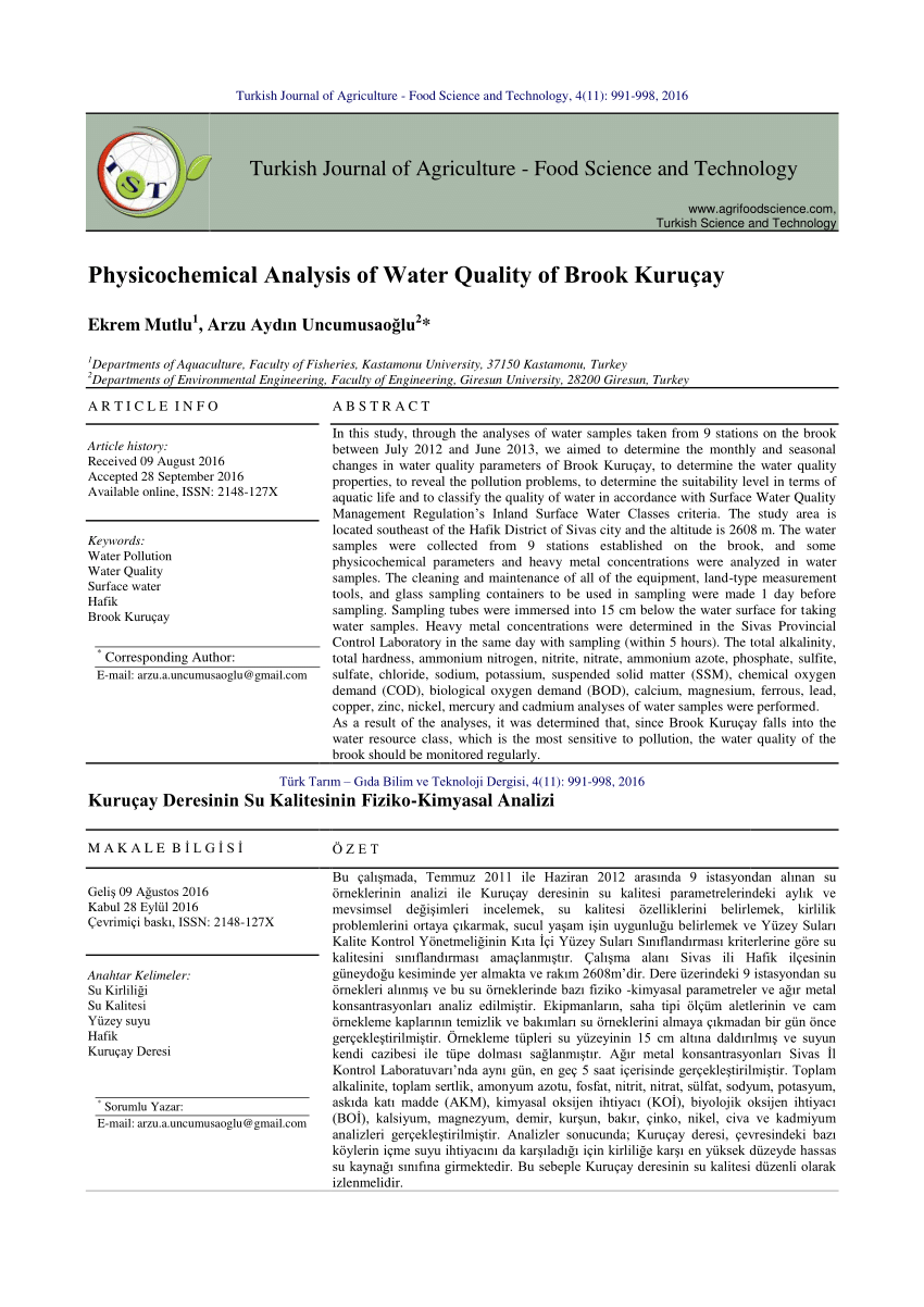 Pdf Physicochemical Analysis Of Water Quality Of Brook Kurucay