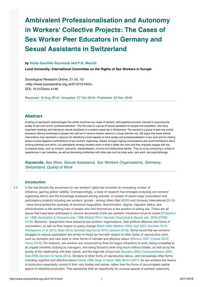 PDF) Ambivalent Professionalisation and Autonomy in Workers Collective Projects The Cases of Sex Worker Peer Educators in Germany and Sexual Assistants in Switzerland photo