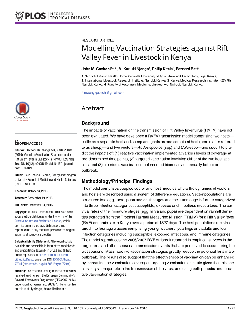 Pdf Modelling Vaccination Strategies Against Rift Valley Fever In Livestock In Kenya