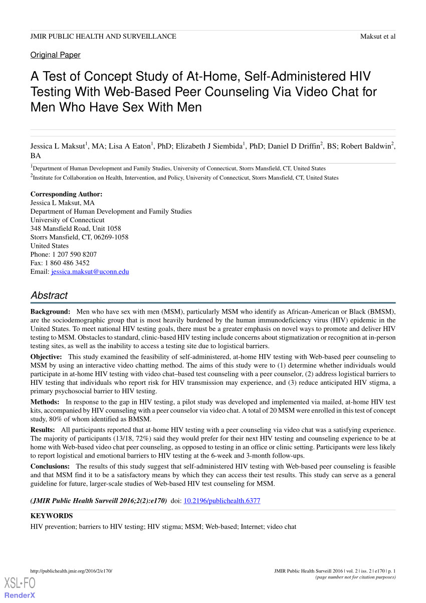 PDF) A Test of Concept Study of At-Home, Self-Administered HIV Testing With Web-Based Peer Counseling Via Video Chat for Men Who Have Sex With picture image