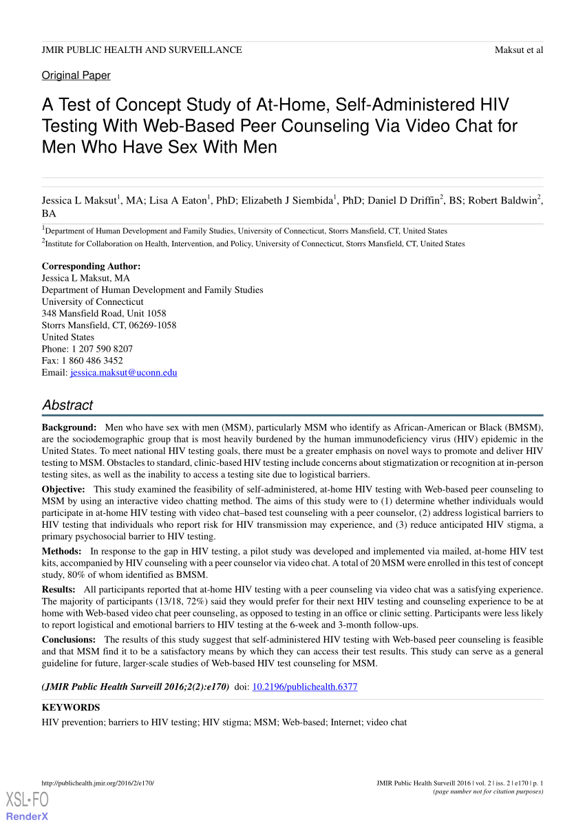 PDF) A Test of Concept Study of At-Home, Self-Administered HIV Testing With  Web-Based Peer Counseling Via Video Chat for Men Who Have Sex With Men