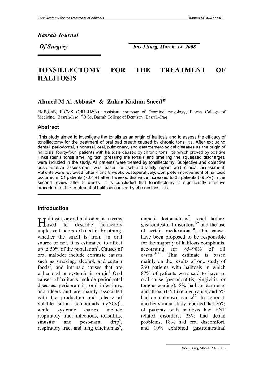 Pdf Tonsillectomy For Treatment Of Halitosis