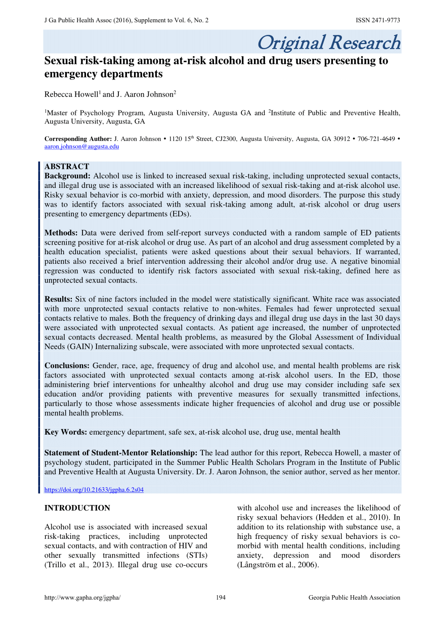 Pdf Original Research Sexual Risk Taking Among At Risk Alcohol And Drug Users Presenting To 9193