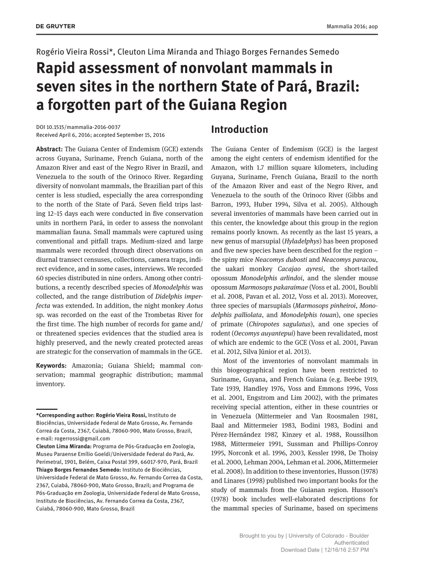 PDF) Rapid assessment of nonvolant mammals in seven sites in the northern State of Pará, Brazil A forgotten part of the Guiana Region
