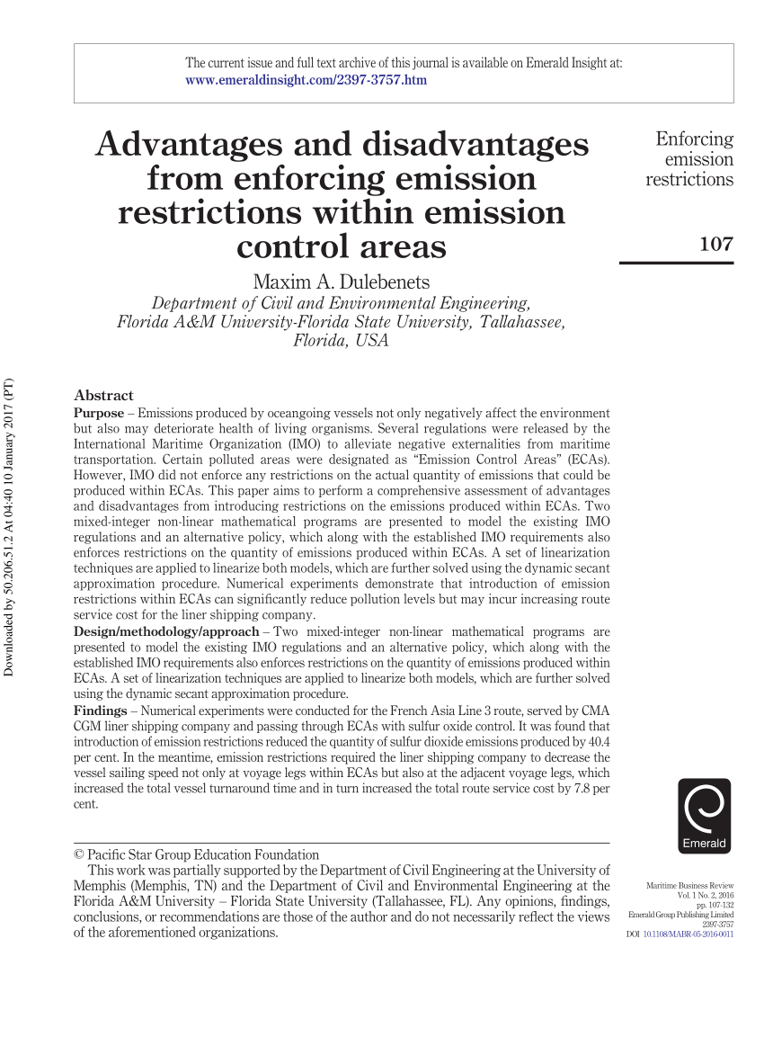 (PDF) Advantages and disadvantages from enforcing emission ...