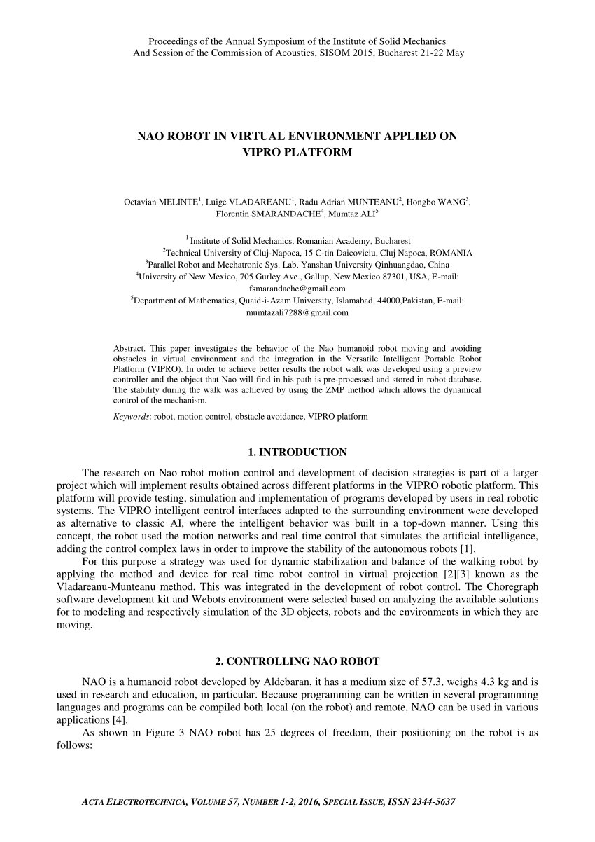 PDF) NAO ROBOT IN VIRTUAL ENVIRONMENT APPLIED ON VIPRO PLATFORM