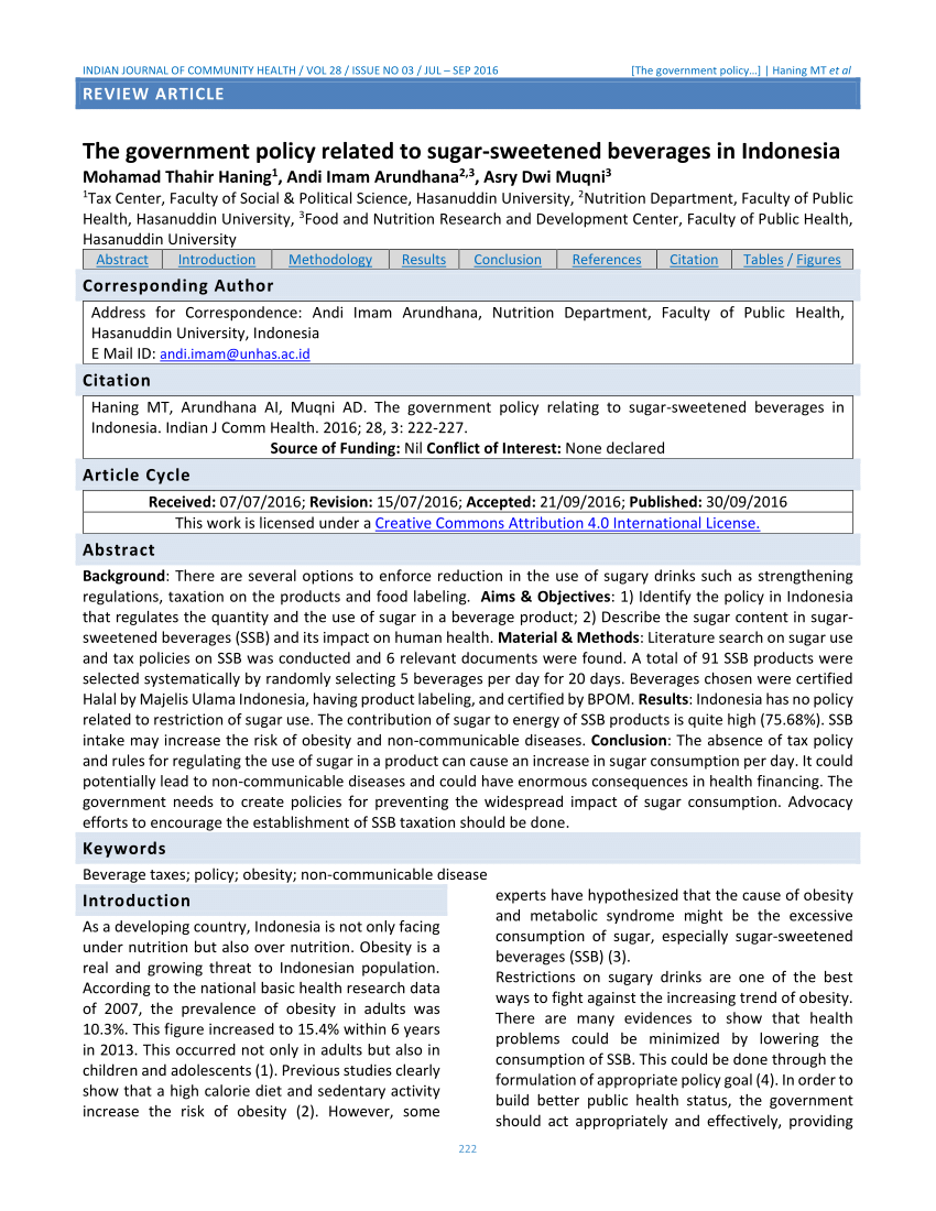 PDF) The government policy related to sugar-sweetened beverages in Indonesia