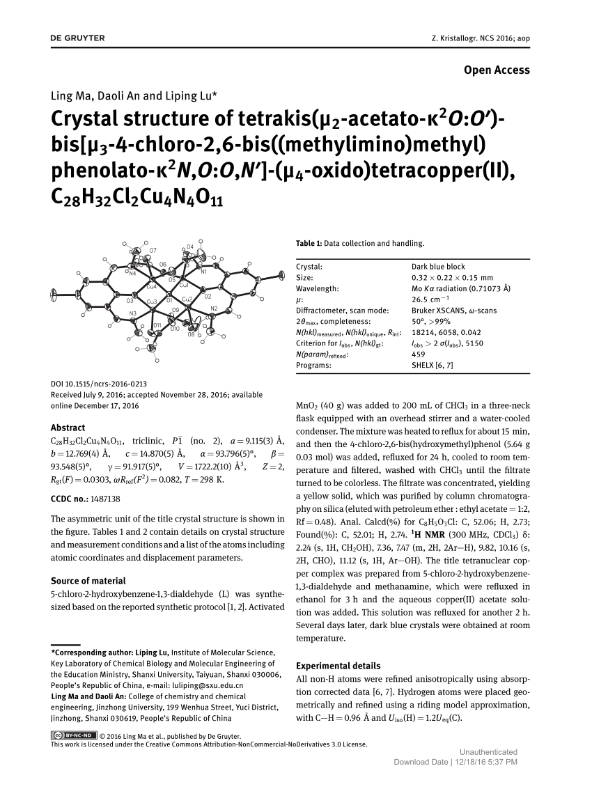 Pdf Crystal Structure Of Tetrakis M2 Acetato K2o O Bis M3 4 Chloro 2 6 Bis Methylimino Methyl Phenolato K2n O O N M4 Oxido Tetracopper Ii C28h32cl2cu4n4o11