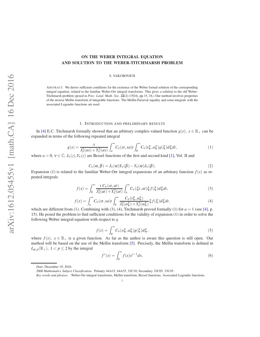 Pdf On The Weber Integral Equation And Solution To The Weber Titchmarsh Problem