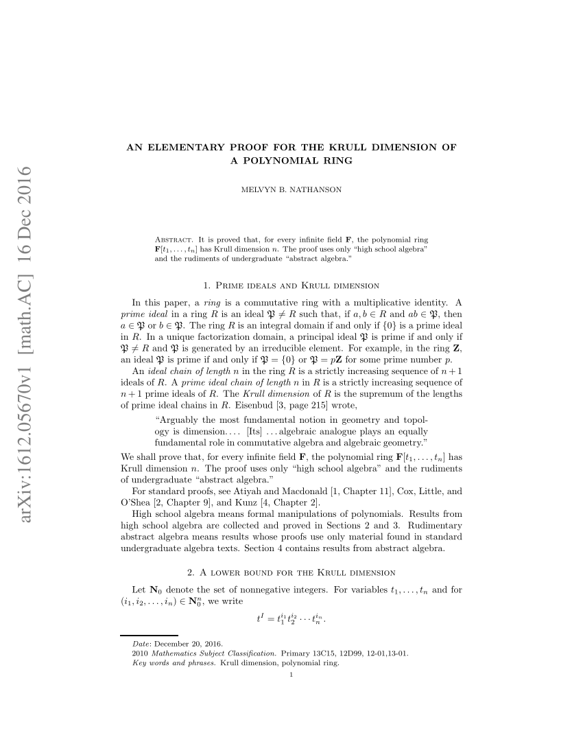 PDF) An Elementary Proof for the Krull Dimension of a Polynomial Ring