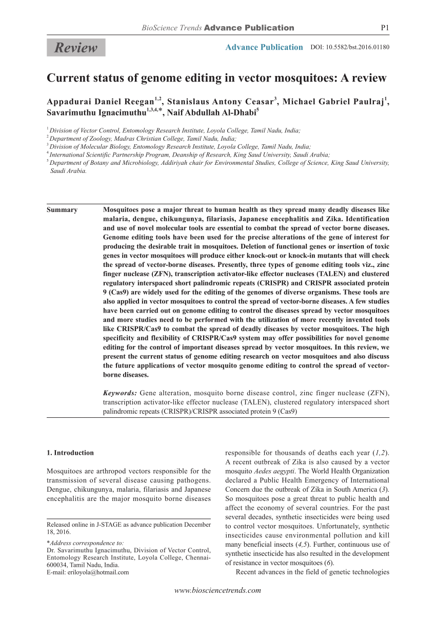 Pdf Current Status Of Genome Editing In Vector Mosquitoes