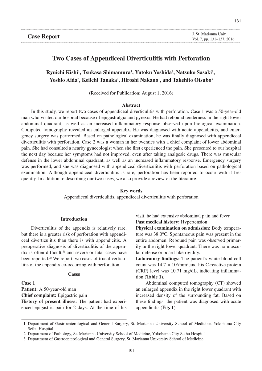 Pdf Two Cases Of Appendiceal Diverticulitis With Perforation