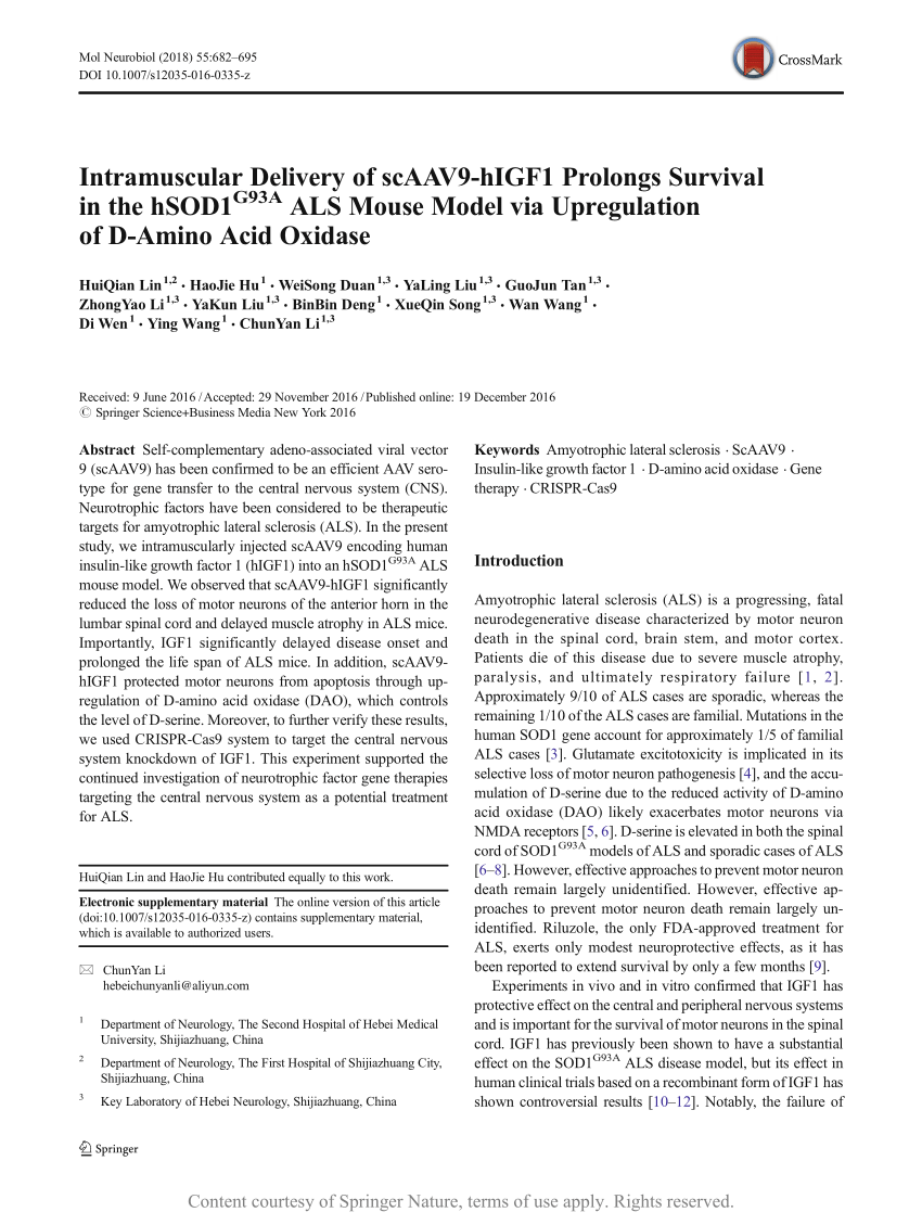 Intramuscular Delivery Of Scaav9 Higf1 Prolongs Survival In The Hsod1g93a Als Mouse Model Via Upregulation Of D Amino Acid Oxidase Request Pdf