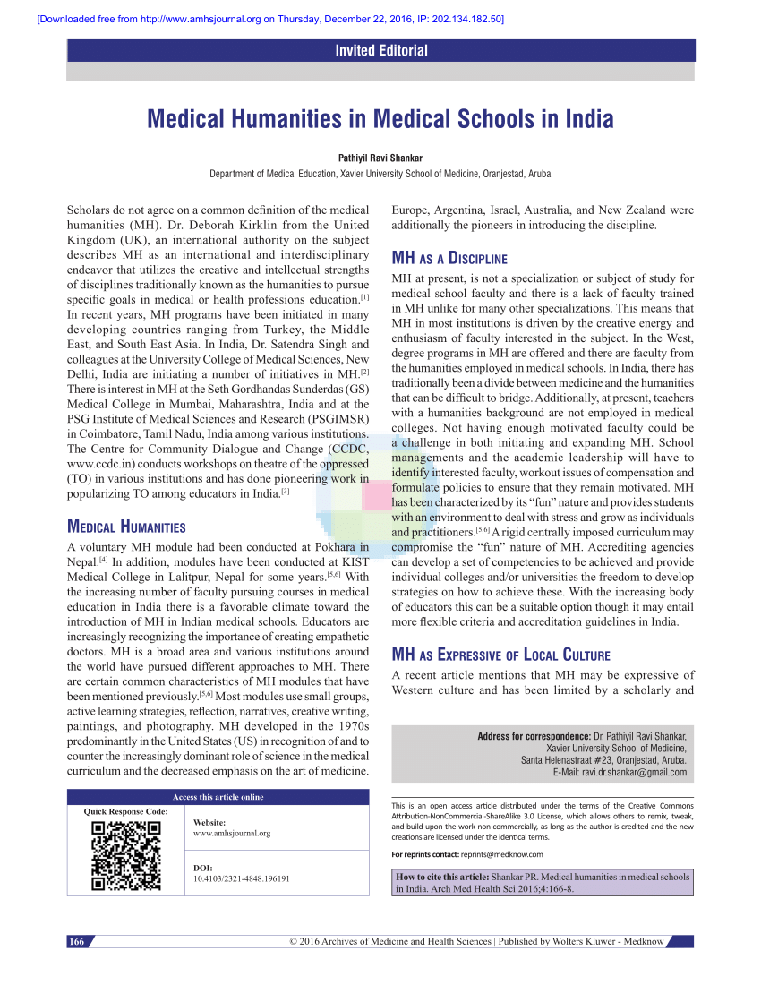 Pdf Medical Humanities In Medical Schools In India