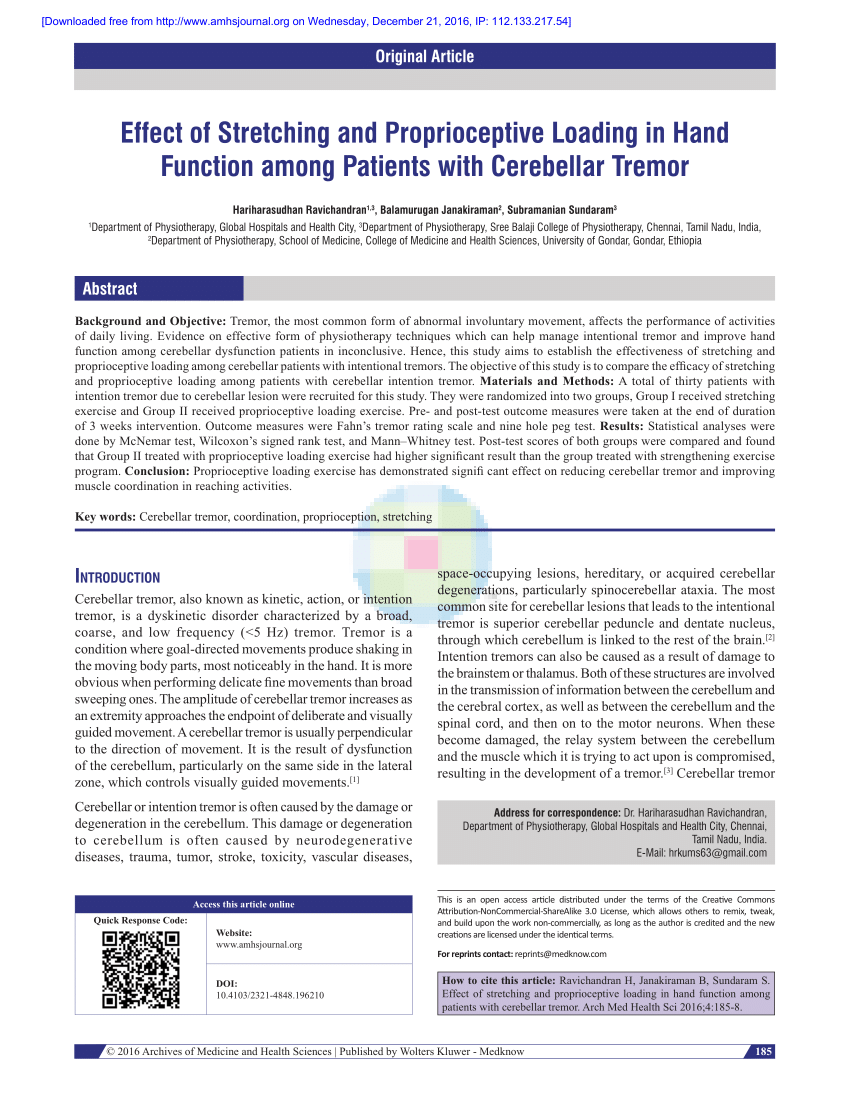 PDF) Effect of stretching and proprioceptive loading in hand function among  patients with cerebellar tremor