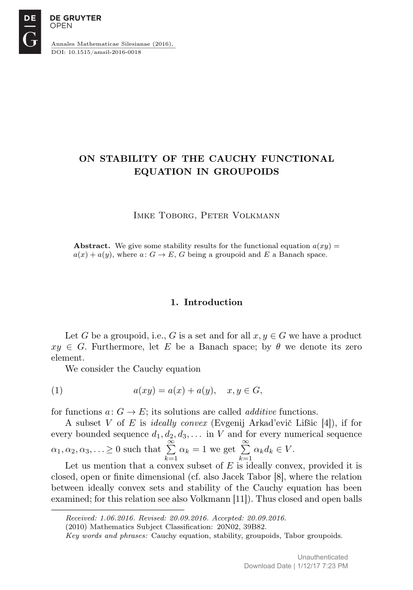 Pdf On Stability Of The Cauchy Functional Equation In Groupoids