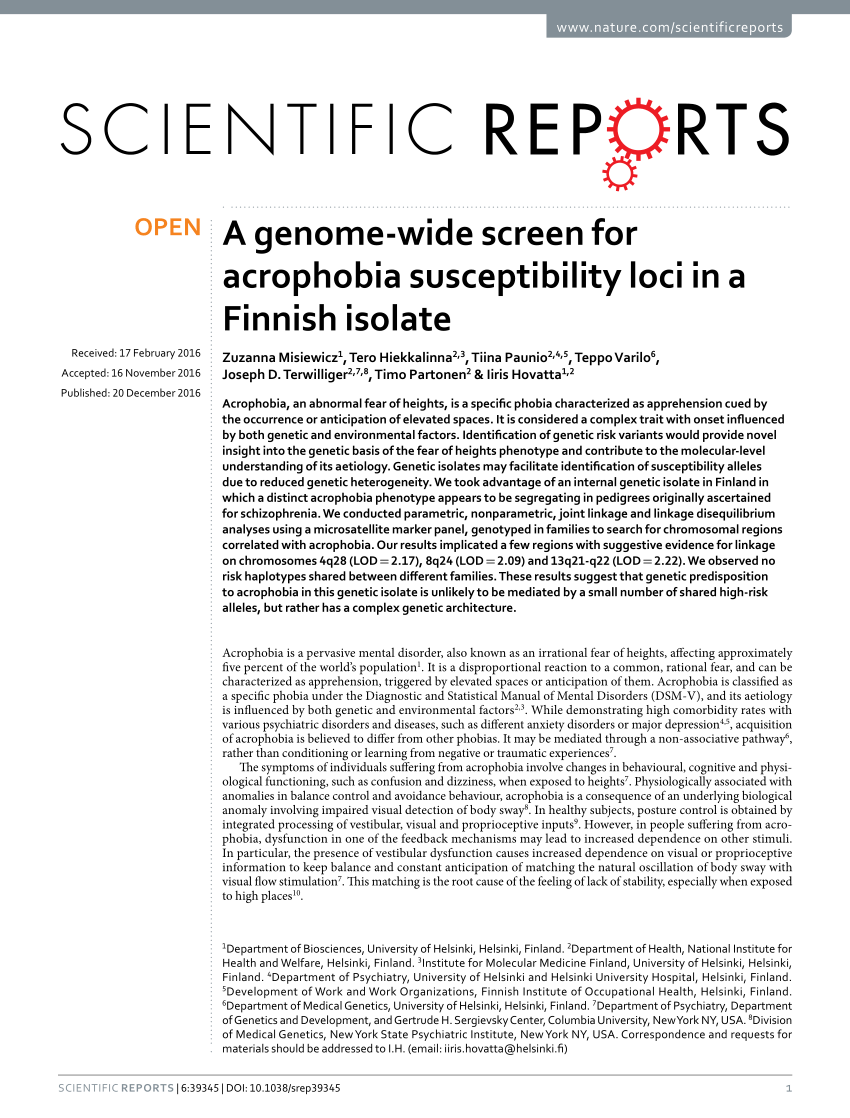 PDF) A genome-wide screen for acrophobia susceptibility loci in a ...
