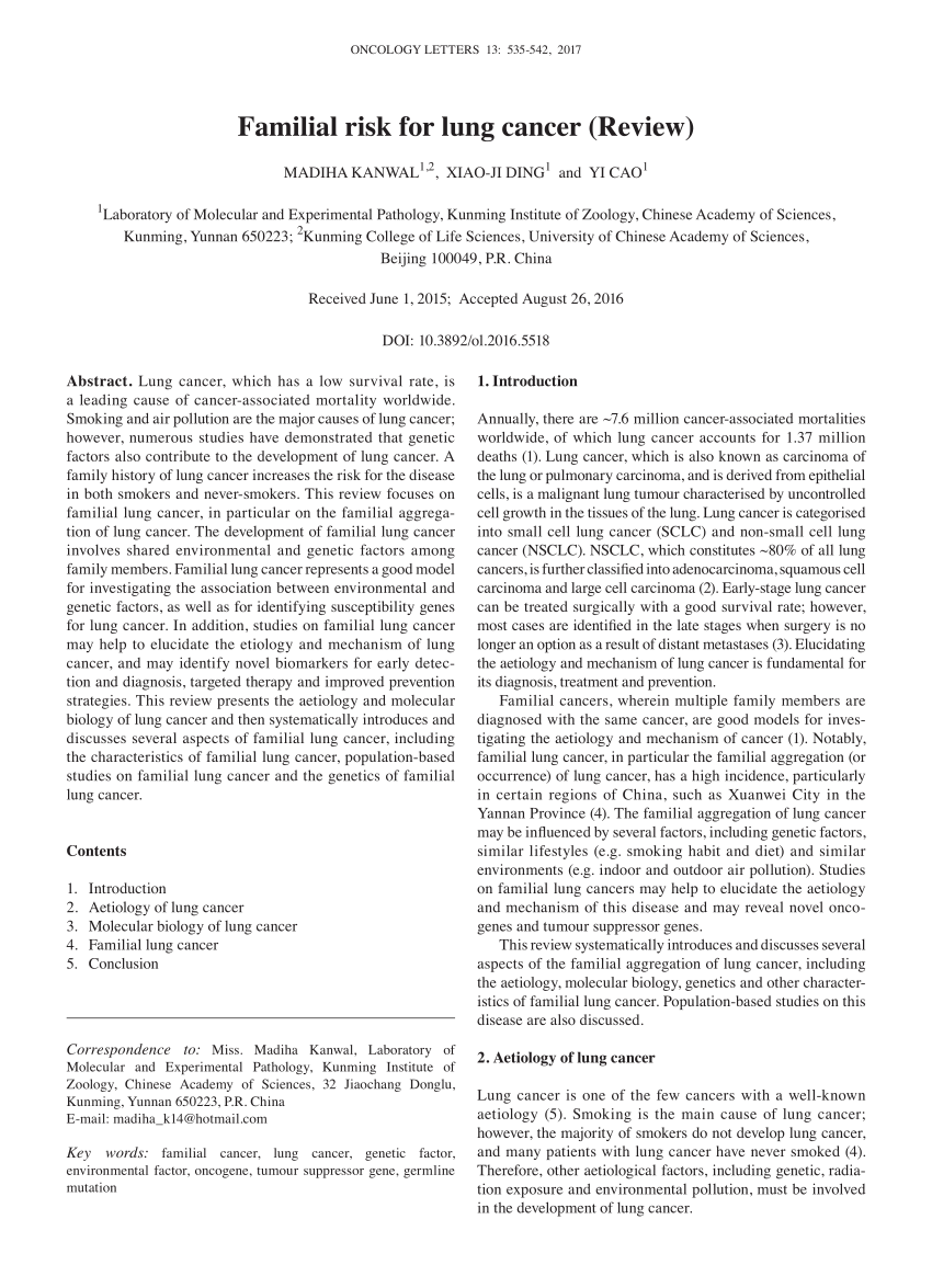 (PDF) Familial risk for lung cancer (Review)